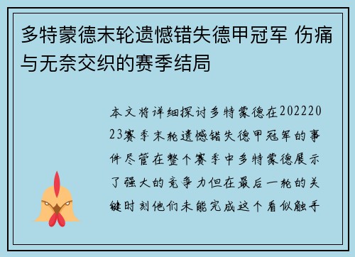 多特蒙德末轮遗憾错失德甲冠军 伤痛与无奈交织的赛季结局
